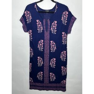 Lucky Brand‎ Women's M Blue Pink Floral Boho Tunic Key Hole T-Shirt Dress